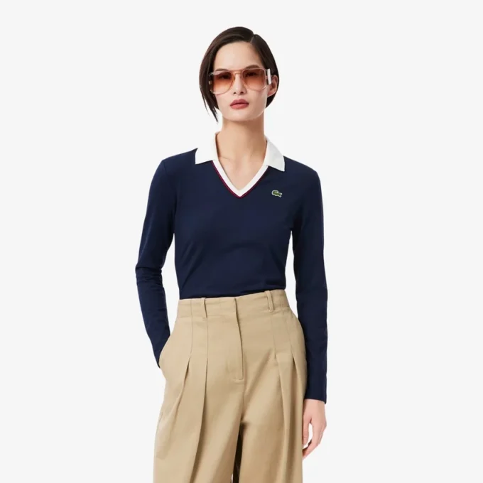 Dames Slim Fit Polo met lange mouwen en afwerkingsdetails