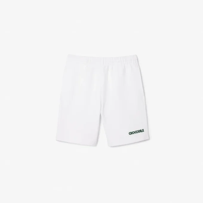 Heren fleece short met geborduurde tekst en normale pasvorm